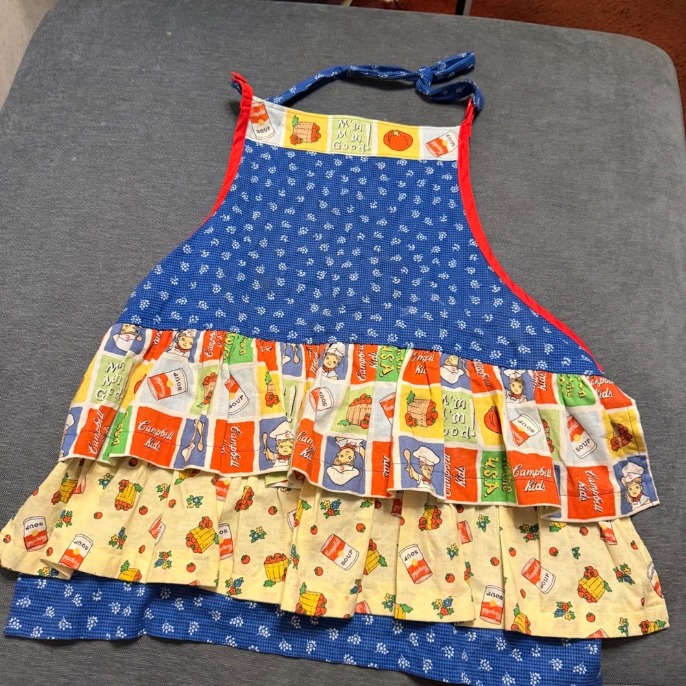 Vintage Campbells Soup Kids Ruffle Apron Blue Floral Tiered Multi Color One Size